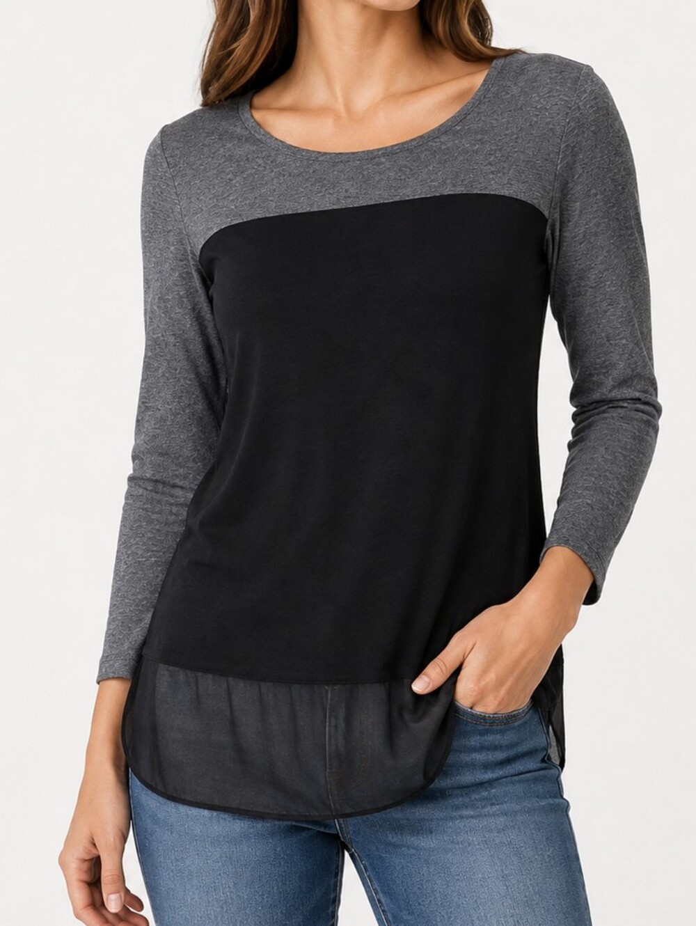 FRENCH LAUNDRY | Women's Gray Black Slub Mesh Hem Long Sleeve Top Size S